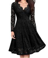 Women's A-line Skirt Casual V Neck Lace Long Sleeve Solid Color Midi Dress Street main image 4