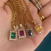 Wholesale Shiny Square Stainless Steel 18k Gold Plated Zircon Pendant Necklace main image 1