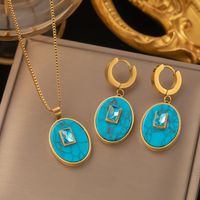 304 Stainless Steel 18K Gold Plated Retro Plating Inlay Oval Rectangle Artificial Rhinestones Resin Earrings Necklace main image 1