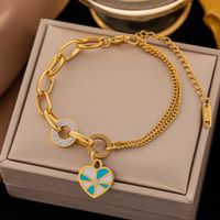 304 Stainless Steel 18K Gold Plated Vintage Style Enamel Plating Inlay Heart Shape Artificial Rhinestones Bracelets Earrings Necklace sku image 1