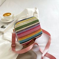 Women's Medium All Seasons Straw Color Block Classic Style Square Zipper Shoulder Bag main image 4