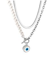 Retro Round Letter Devil's Eye Stainless Steel Inlay Artificial Pearls Necklace sku image 3