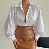 Femmes Chemisière Manche Longue Blouses Patchwork Bouton Vacances Couleur Unie sku image 14