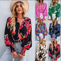 Women's Blouse Long Sleeve Blouses Printing Casual Printing Plaid Flower main image 1