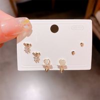 3 Piece Set Sweet Animal Flower Copper Plating Inlay Zircon Ear Studs sku image 14