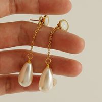 1 Pair Elegant Water Droplets Inlay Stainless Steel Artificial Pearls Shell 18K Gold Plated Drop Earrings main image 2