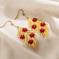 1 Piece Exaggerated Leaves Flower Inlay Stainless Steel Acrylic Rhinestones Gold Plated Drop Earrings main image 3