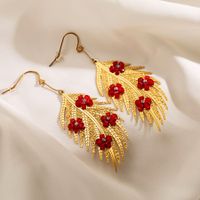1 Piece Exaggerated Leaves Flower Inlay Stainless Steel Acrylic Rhinestones Gold Plated Drop Earrings sku image 3
