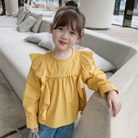 Casual Solid Color Lettuce Trim Pleated Cotton T-shirts & Blouses sku image 7