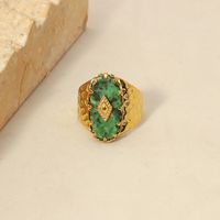 Vintage Style Square Oval Titanium Steel Plating Inlay Natural Stone 18k Gold Plated Open Ring sku image 6