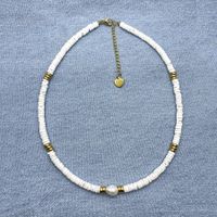 Fashion Solid Color Natural Stone Pearl Titanium Steel Patchwork Choker 1 Piece sku image 1