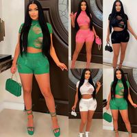 Women's Casual Solid Color Polyester Ripped Shorts Sets main image 1