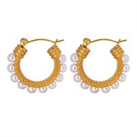 1 Pair Vintage Style C Shape Inlay Stainless Steel Artificial Pearls 18k Gold Plated Earrings main image 6