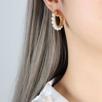 1 Pair Vintage Style C Shape Inlay Stainless Steel Artificial Pearls 18k Gold Plated Earrings main image 4
