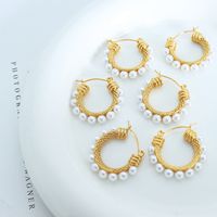 1 Pair Vintage Style C Shape Inlay Stainless Steel Artificial Pearls 18k Gold Plated Earrings main image 3