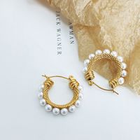 1 Pair Vintage Style C Shape Inlay Stainless Steel Artificial Pearls 18k Gold Plated Earrings main image 5