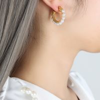 1 Pair Vintage Style C Shape Inlay Stainless Steel Artificial Pearls 18k Gold Plated Earrings main image 2