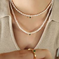 1 Piece Simple Style Round Freshwater Pearl Titanium Steel Plating Inlay Zircon Pendant Necklace main image 5