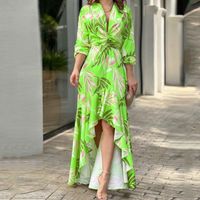 Women's Irregular Skirt Elegant V Neck Printing Long Sleeve Leaf Maxi Long Dress Daily main image 3