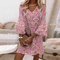 Women's A-line Skirt Simple Style V Neck Printing 3/4 Length Sleeve Printing Midi Dress Street main image 4