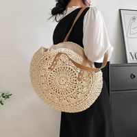 Femmes Paille Couleur Unie Vacances Rond Fermeture Éclair Sac De Plage main image 5