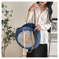 Women's Straw Color Block Basic Round Zipper Shoulder Bag main image 3