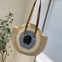 Women's Straw Color Block Basic Round Zipper Shoulder Bag sku image 1