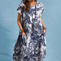 Frau Unregelmäßiger Rock Vintage-stil Rundhals Kurzarm Anlage Midi-kleid Ferien main image 2