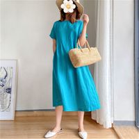 Straight Skirt Commute Round Neck Printing Patchwork Short Sleeve Solid Color Midi Dress Daily main image 4
