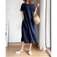 Straight Skirt Commute Round Neck Printing Patchwork Short Sleeve Solid Color Midi Dress Daily main image 1
