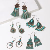 Wholesale Jewelry 1 Pair Ethnic Style Oval Water Droplets Flower Alloy Turquoise Chandelier Earrings main image 1