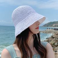 Women's Vacation Beach Solid Color Braid Big Eaves Bucket Hat Straw Hat sku image 3