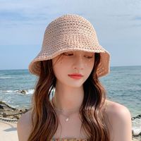 Women's Vacation Beach Solid Color Braid Big Eaves Bucket Hat Straw Hat sku image 6