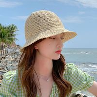 Women's Vacation Beach Solid Color Braid Big Eaves Bucket Hat Straw Hat sku image 4