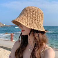 Women's Vacation Beach Solid Color Braid Big Eaves Bucket Hat Straw Hat sku image 1