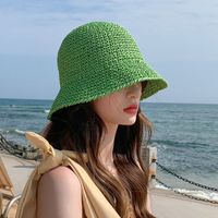 Women's Vacation Beach Solid Color Braid Big Eaves Bucket Hat Straw Hat sku image 5