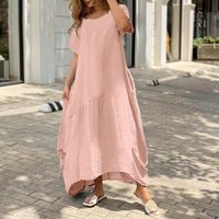 Women's A-line Skirt Casual V Neck Patchwork Short Sleeve Solid Color Maxi Long Dress Daily main image 4