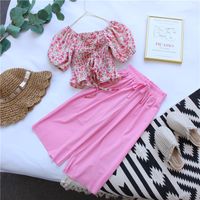 Casual Ditsy Floral Solid Color Drawstring Ruched Cotton Chiffon Girls Clothing Sets sku image 1