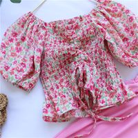 Casual Ditsy Floral Solid Color Drawstring Ruched Cotton Chiffon Girls Clothing Sets main image 3