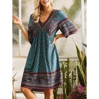 Women's Regular Dress Casual Ethnic Style V Neck Printing Patchwork Half Sleeve Plaid Above Knee Casual Outdoor Daily main image 7