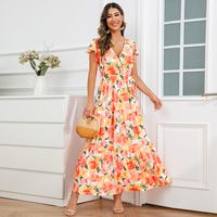 Women's A-line Skirt Elegant V Neck Printing Short Sleeve Flower Maxi Long Dress Holiday main image 4