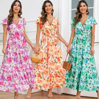 Women's A-line Skirt Elegant V Neck Printing Short Sleeve Flower Maxi Long Dress Holiday main image 6