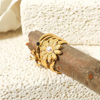 Vintage Style Flower Titanium Steel Plating Inlay Pearl 18k Gold Plated Wide Band Ring main image 4