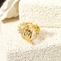 Vintage Style Flower Titanium Steel Plating Inlay Pearl 18k Gold Plated Wide Band Ring main image 5