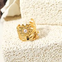 Vintage Style Flower Titanium Steel Plating Inlay Pearl 18k Gold Plated Wide Band Ring main image 6