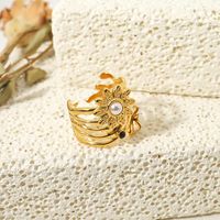Vintage Style Flower Titanium Steel Plating Inlay Pearl 18k Gold Plated Wide Band Ring main image 1