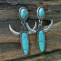 1 Pair Ethnic Style Horns Metal Inlay Turquoise Silver Plated Women's Drop Earrings main image 3