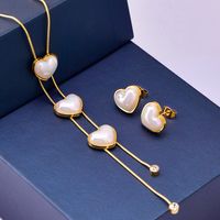 1 Set Elegant Heart Shape Titanium Steel Inlay Artificial Pearls Earrings Necklace main image 3