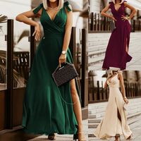 Fashion Solid Color V Neck Sleeveless Patchwork Polyester Maxi Long Dress Slit Dress main image 1