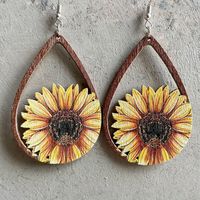 1 Pair Retro Cactus Sunflower Water Droplets Wood Hollow Out Women's Drop Earrings sku image 1